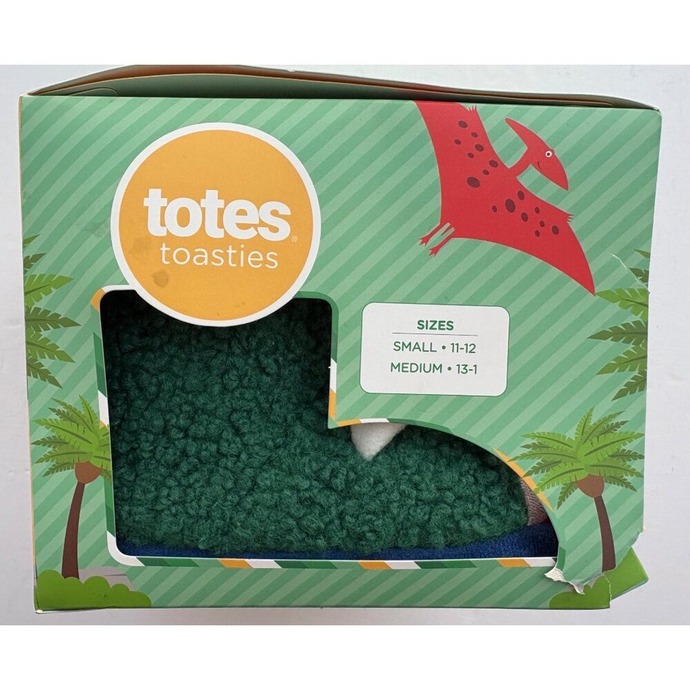 Totes Toasties Kids Dino Slippers Faux Fur Green Dinosaur Size Medium 13–1 - Picture 6 of 9